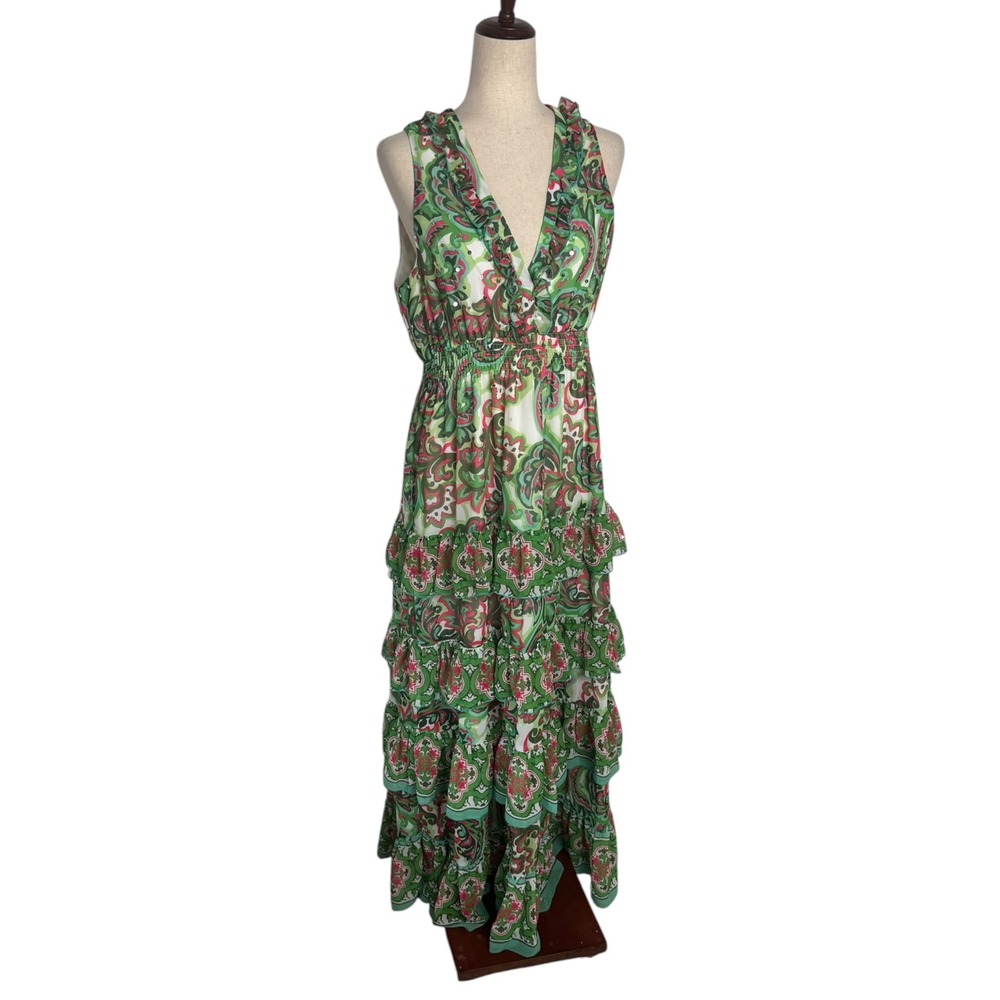 Boston Proper Palma de Scrolls Print Ruffle Maxi Dress Green Pink Sequin Size M - Picture 4 of 13